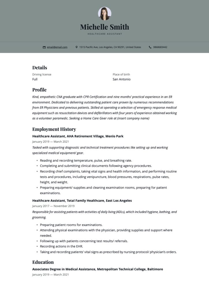 Healthcare Assistant Resume