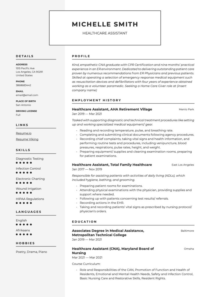 Healthcare Assistant Resume