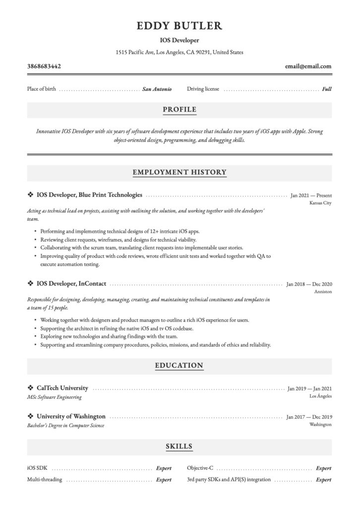 resume iOS developer