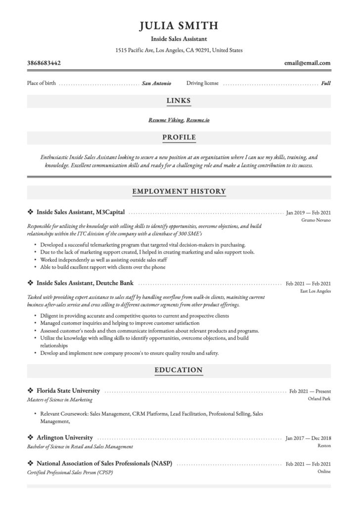 Inside Sales Assistant Resume Classic 