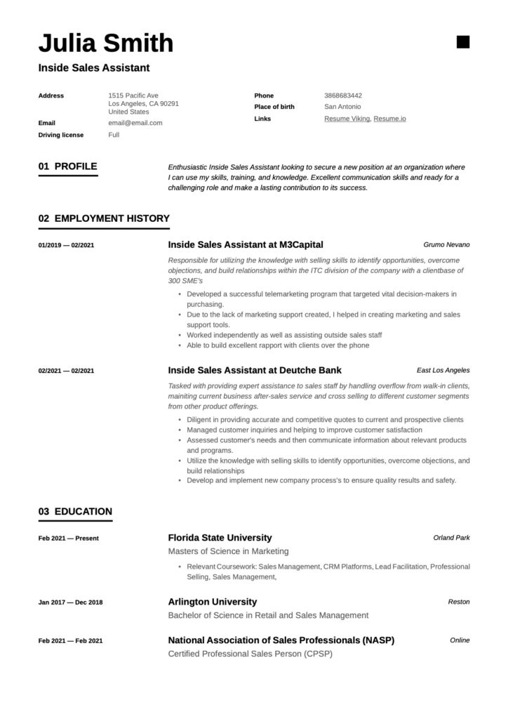 Inside Sales Assistant Example Resume