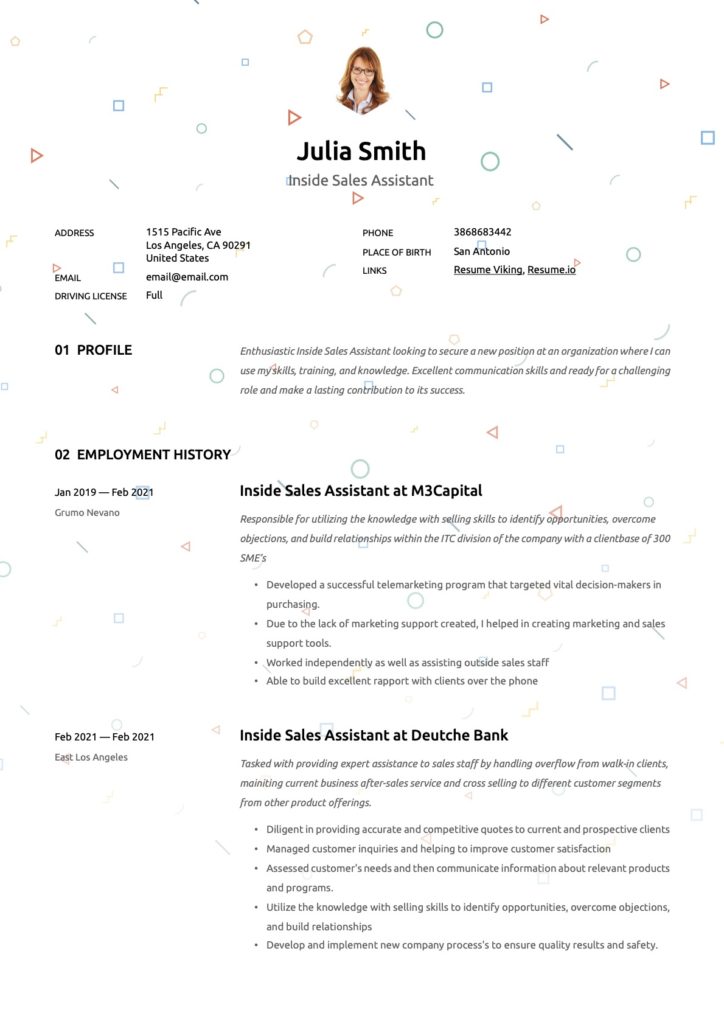 Inside Sales Assistant Resume Example