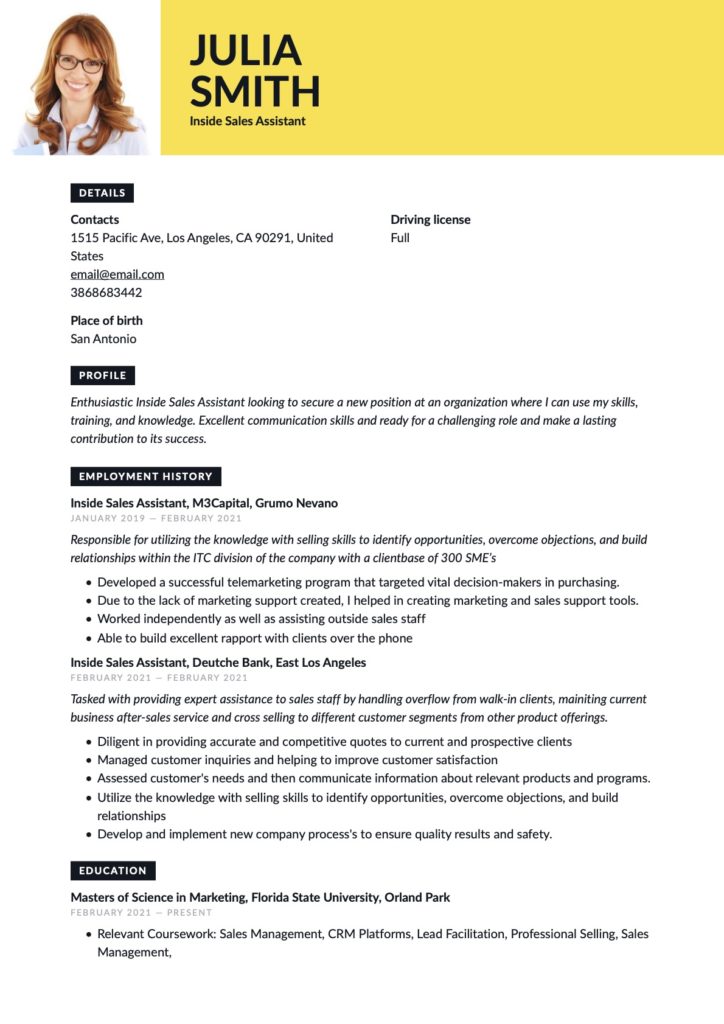 Inside Sales Assistant Resume Yellow Example
