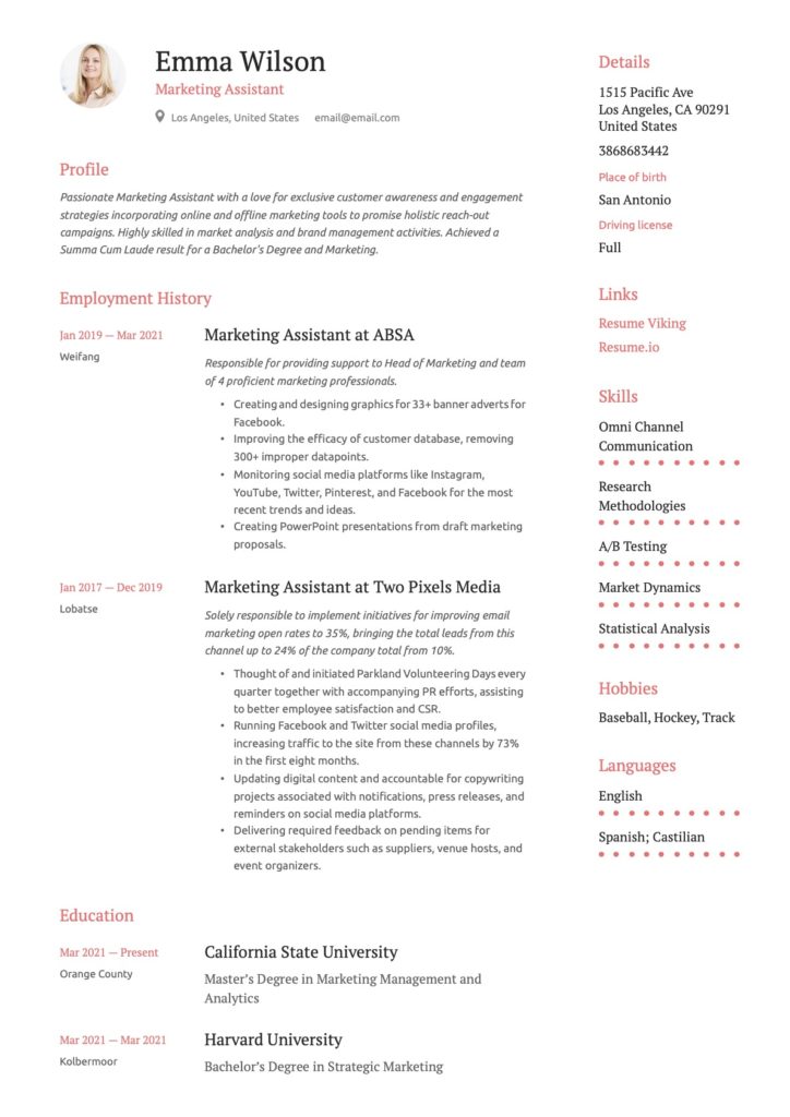 Marketing Assistant Example Resume
