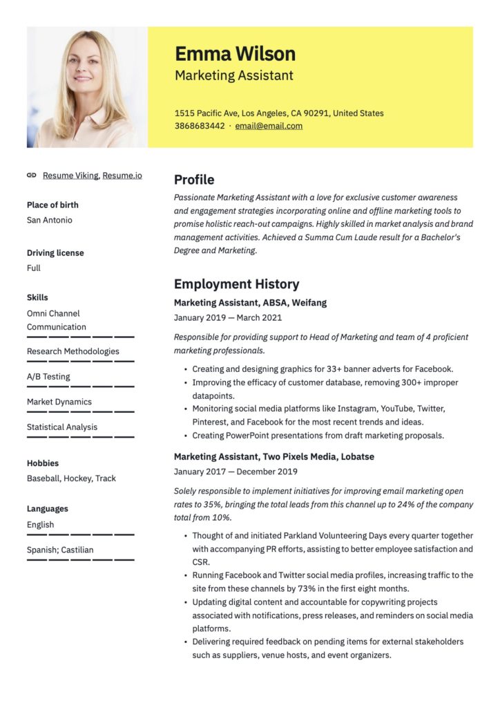Yellow Template Marketing Assistant Resume