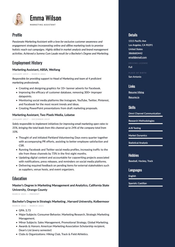 Marketing Assistant Blue Resume Template