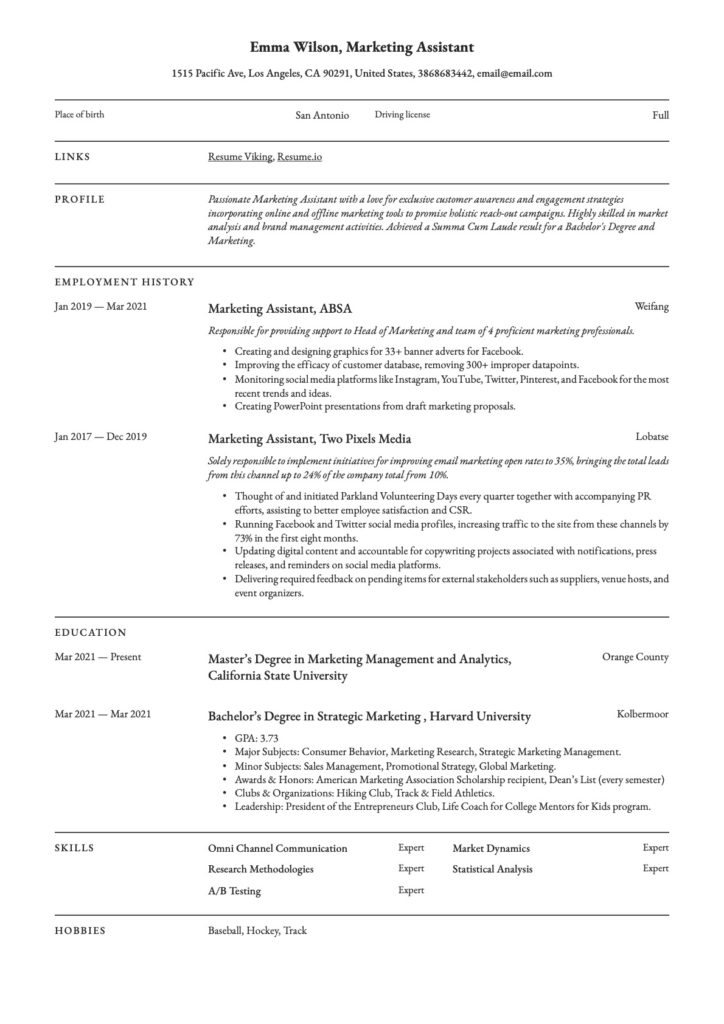 Classic Marketing Assistant Resume