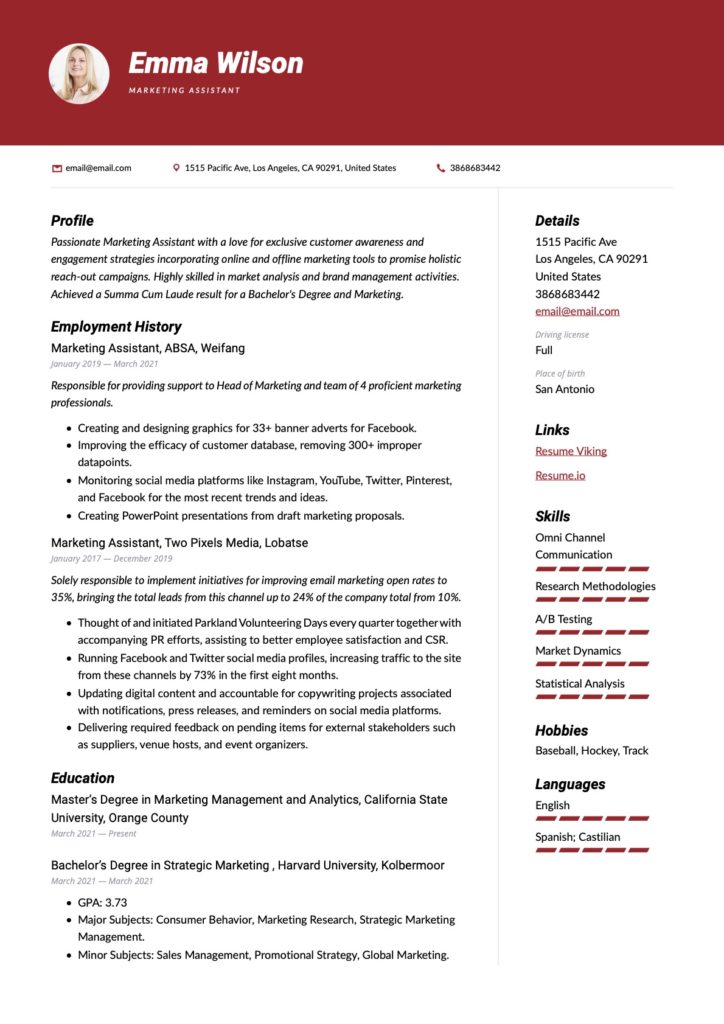 Red Resume Example Marketing Assistant 