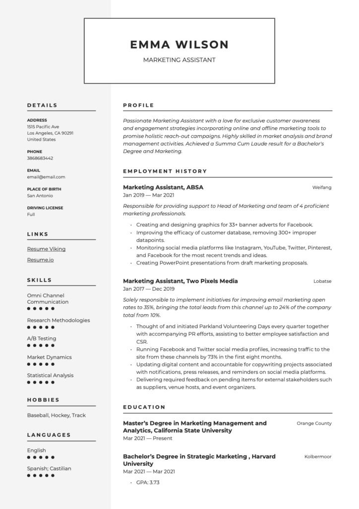 Marketing Assistant Resume Classic