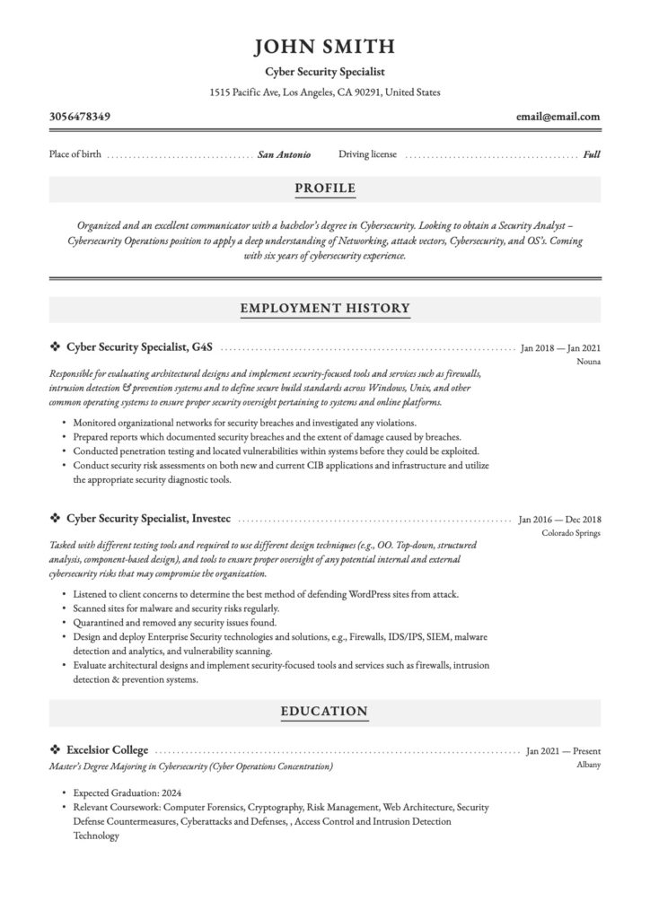 Cybersecurity Specialist Resume Classic Template