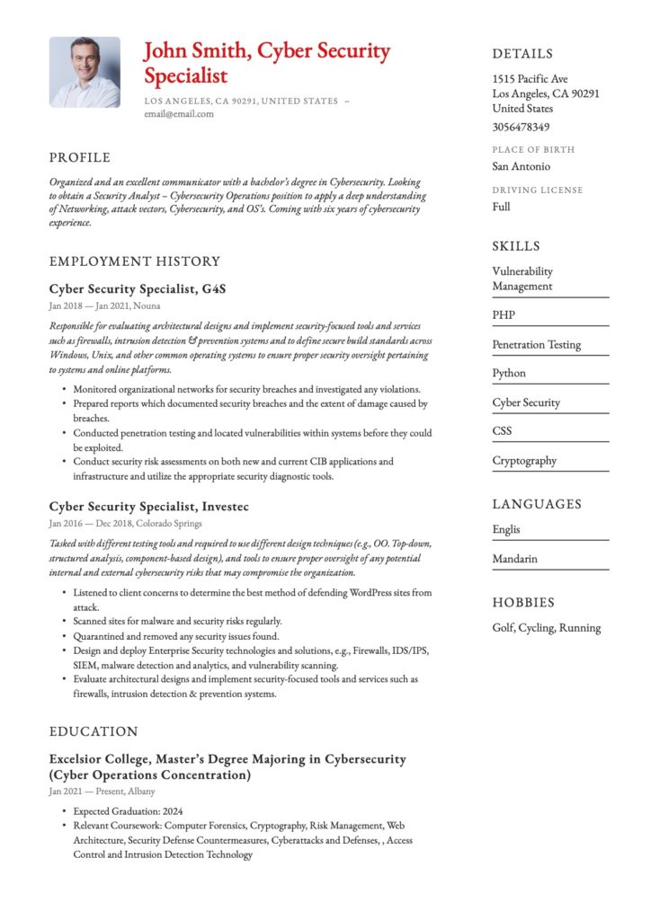 Cybersecurity Specialist Resume Template