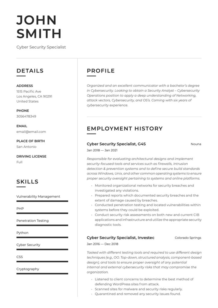 Classic Cybersecurity Specialist Resume