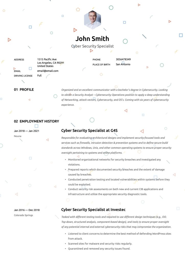 Creative Cybersecurity Specialist Resume