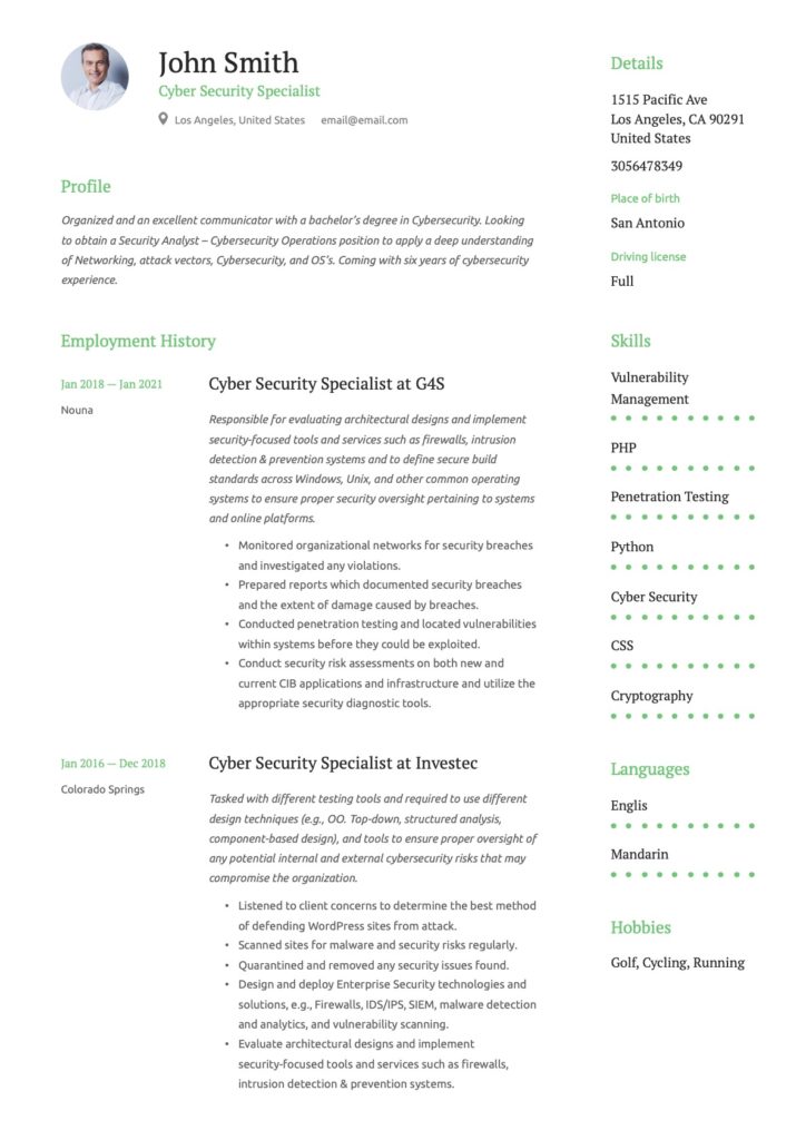 Cybersecurity Specialist Resume Template