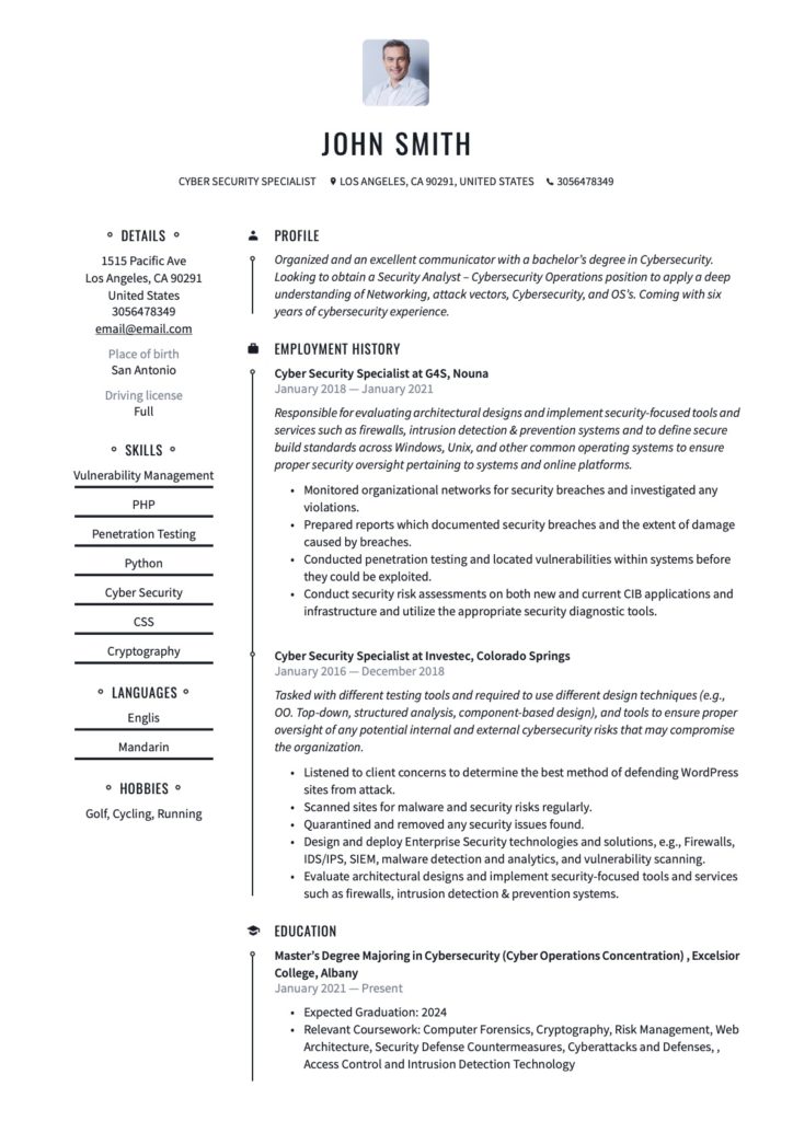 Cybersecurity Specialist Resume
