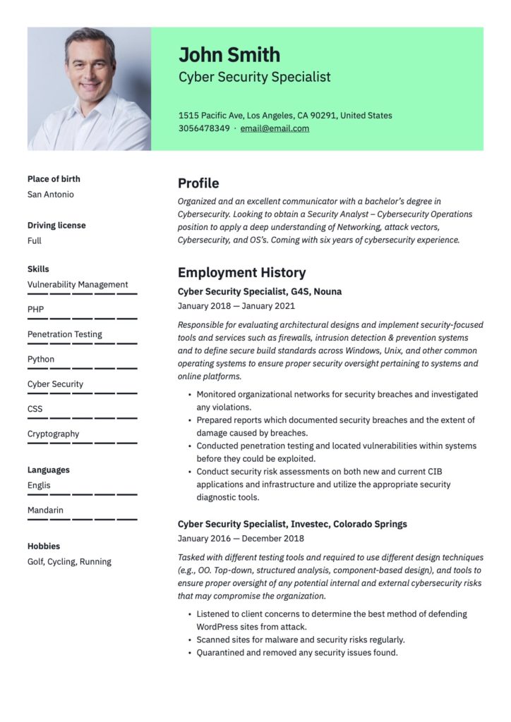 Cybersecurity Specialist Resume Example