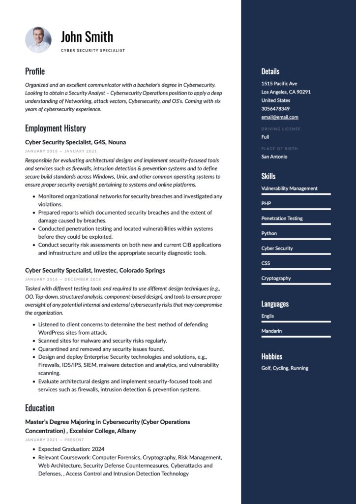Cybersecurity Specialist Resume Blue