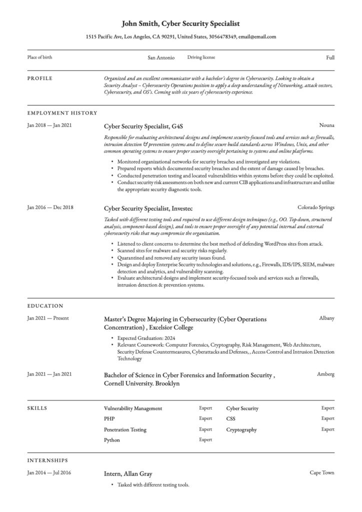 Cybersecurity Specialist Classic Resume