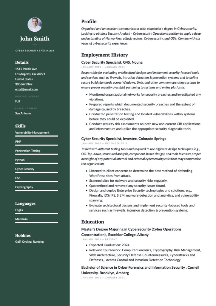 Cybersecurity Specialist Resume Green Example