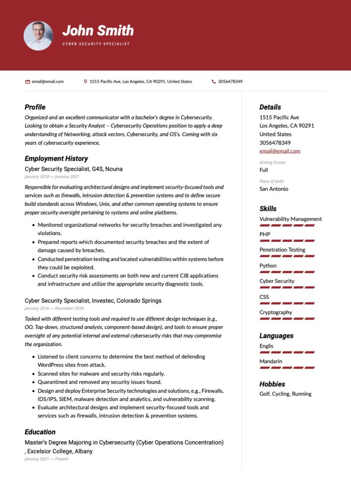 Cybersecurity Specialist Resume Red Design 