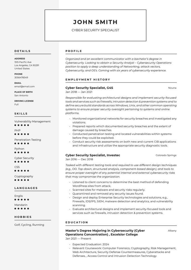 Cybersecurity Resume Example pdf