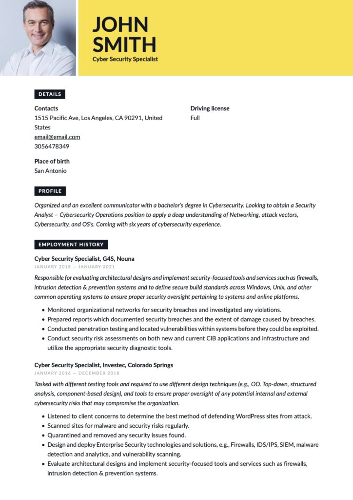 Cybersecurity Specialist Resume Yellow Example