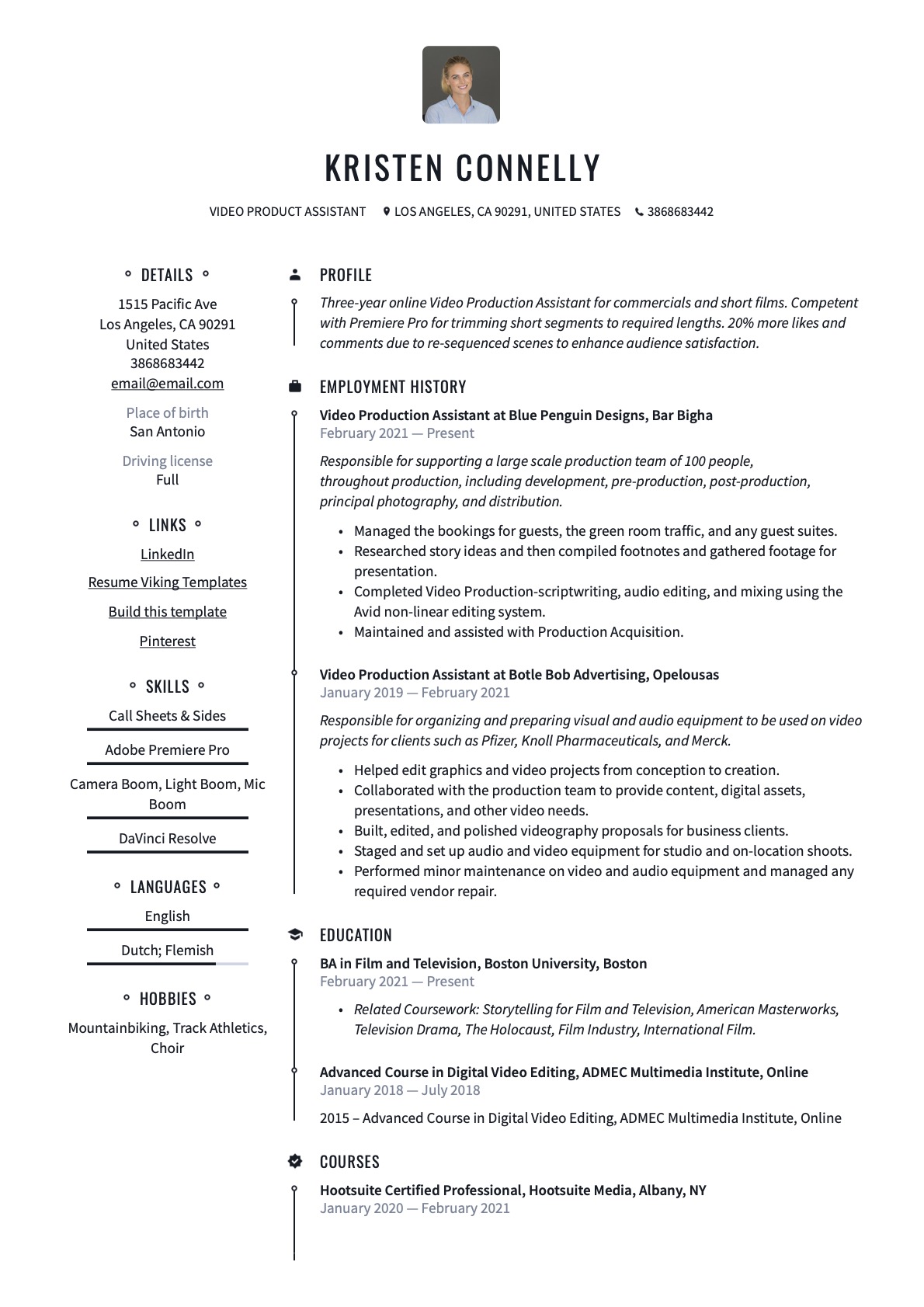 Professional Video Production Assistant Resume Example