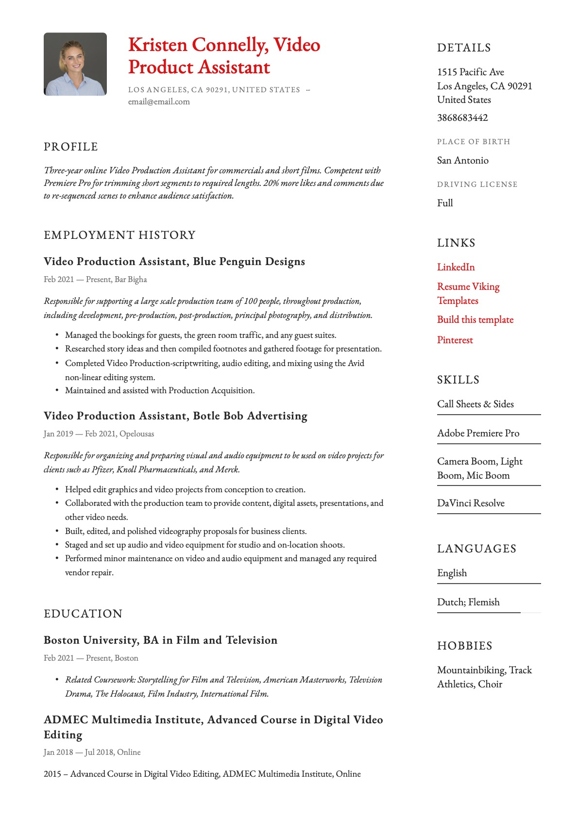 Simple Video Production Assistant Resume Example