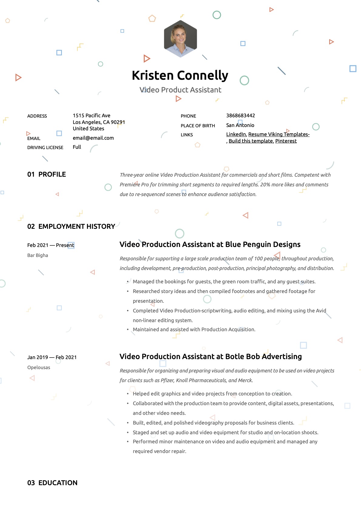Creative Video Production Assistant Resume Template