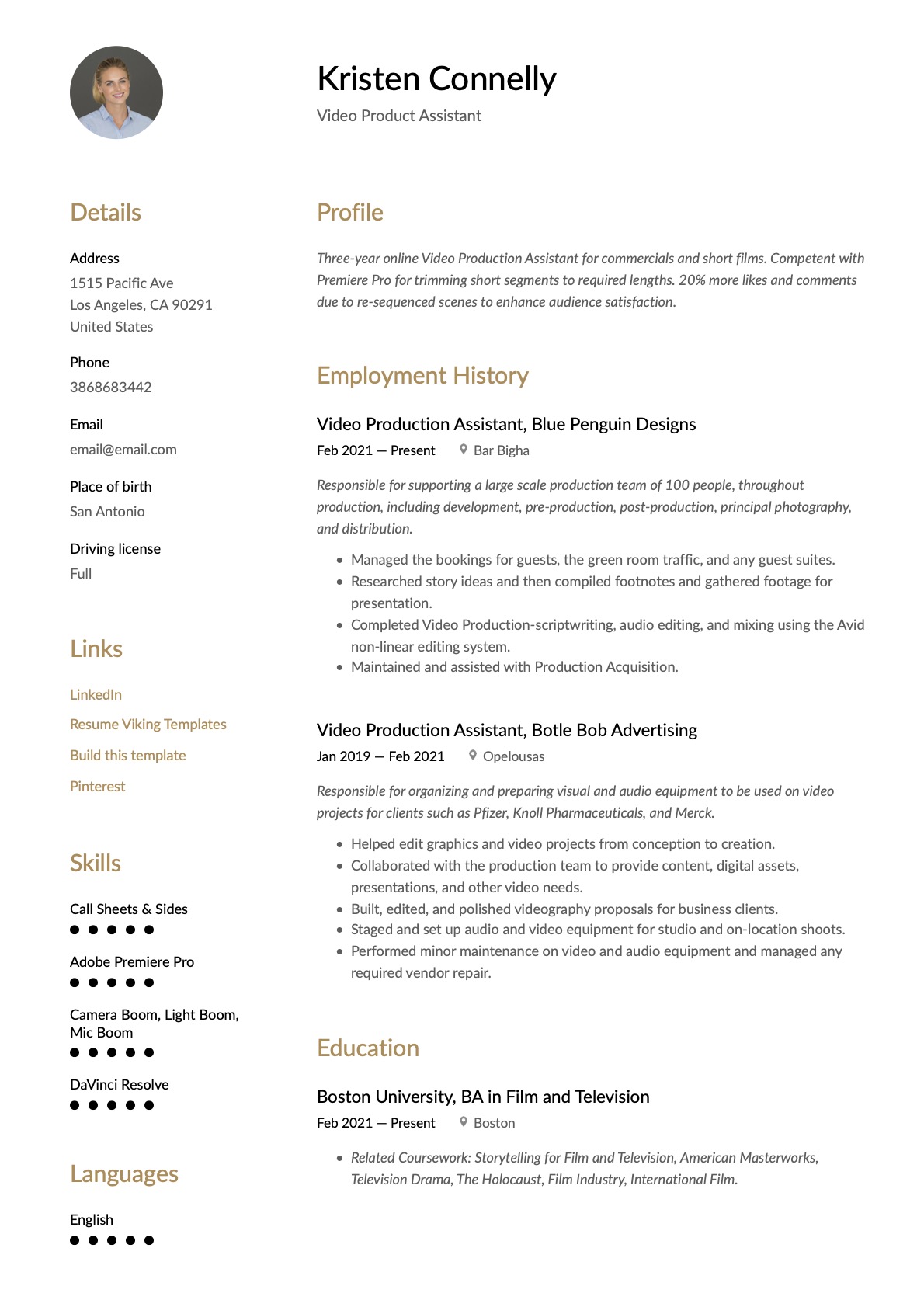 Simple Video Production Assistant Resume Template