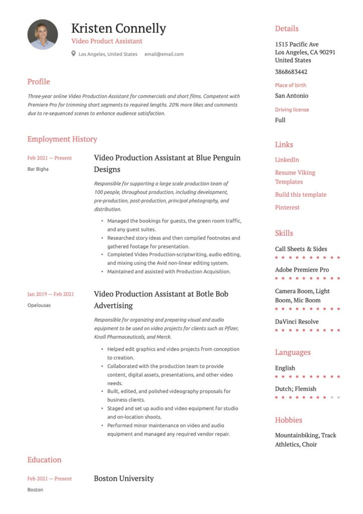 Simple Video Production Assistant Resume Example