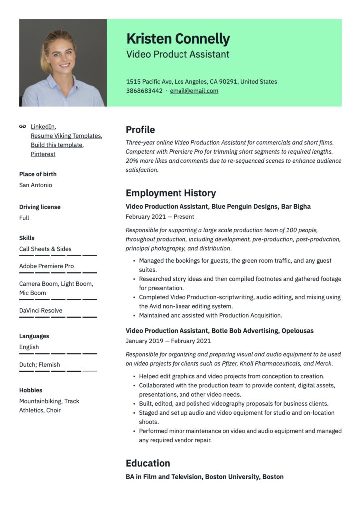 Professional Video Production Assistant Resume Green Template
