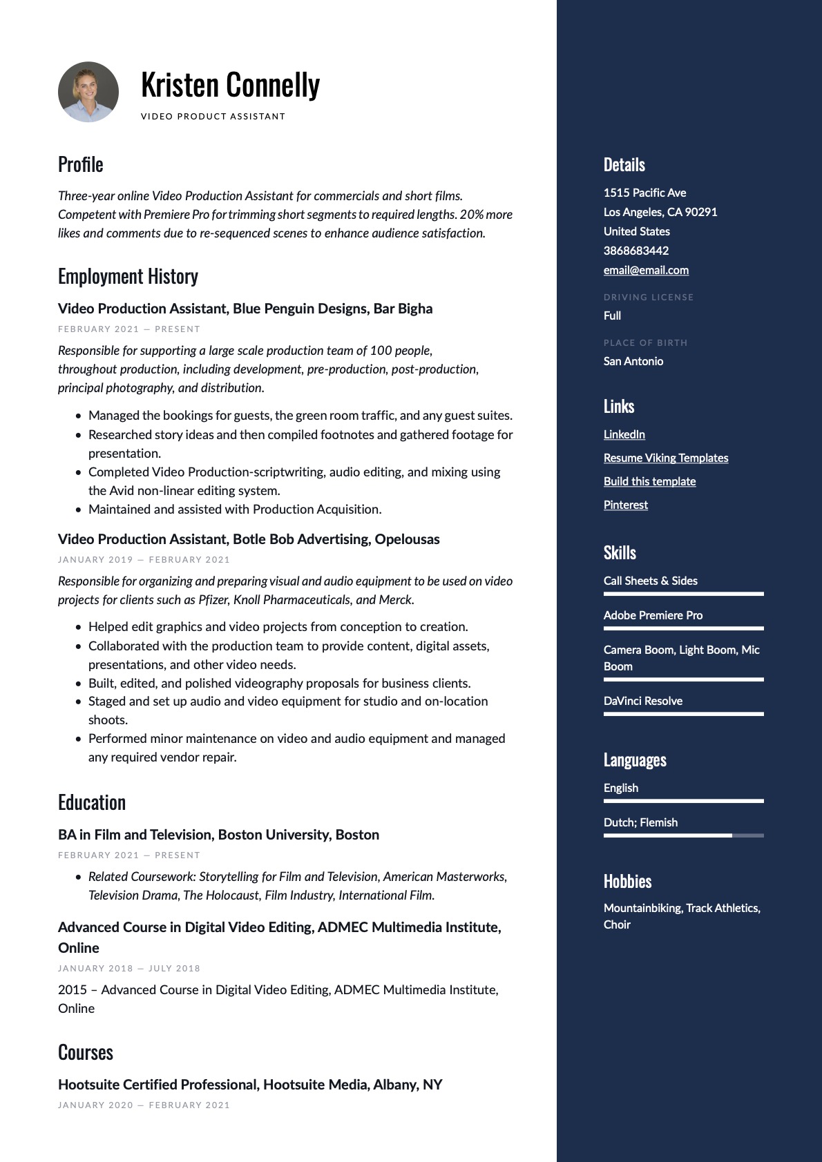 Modern Video Production Assistant Resume blue Example