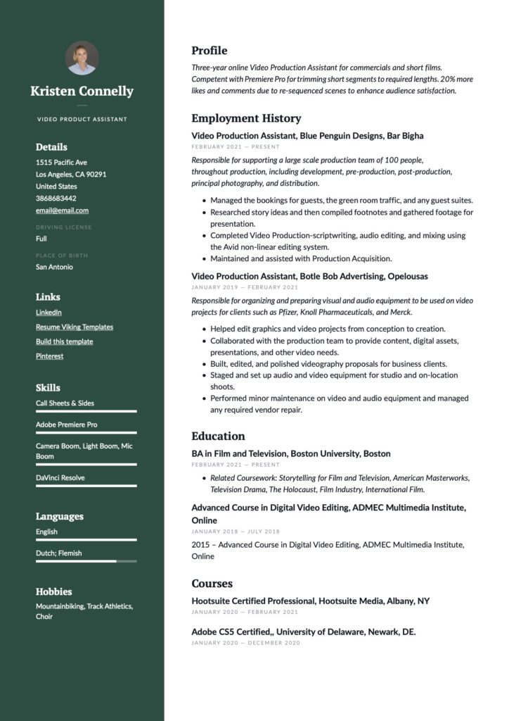 Professional Video Production Assistant Resume Green Example