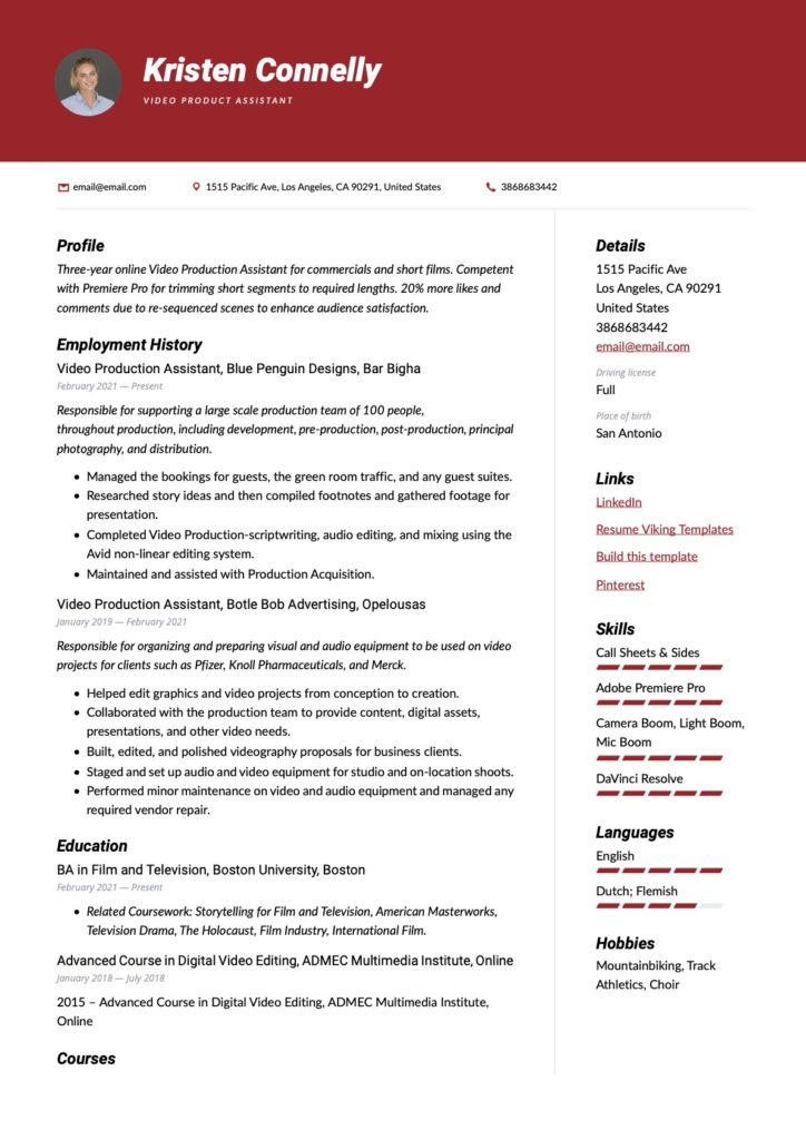 Modern Video Production Assistantr Resume Red Template