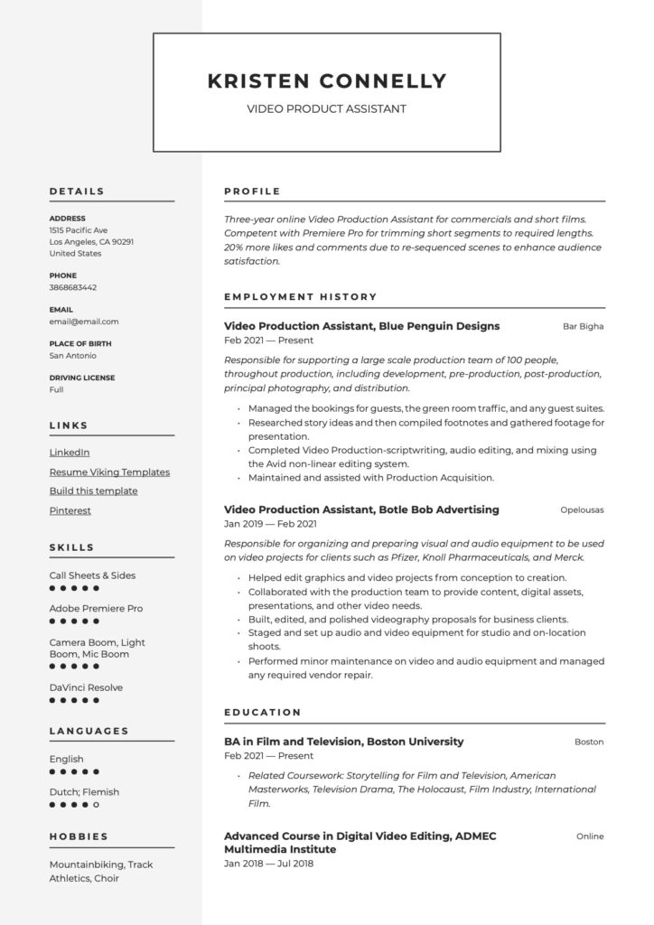 Video Production Assistant Resume