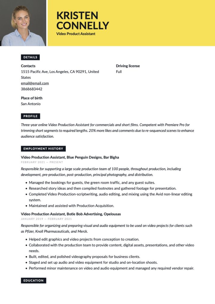 Creative Video Production Assistant Resume Yellow Template