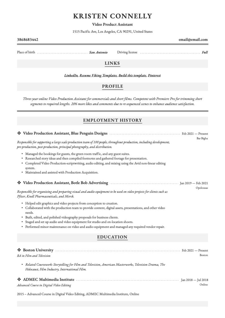 Professional Video Production Assistant Resume Example