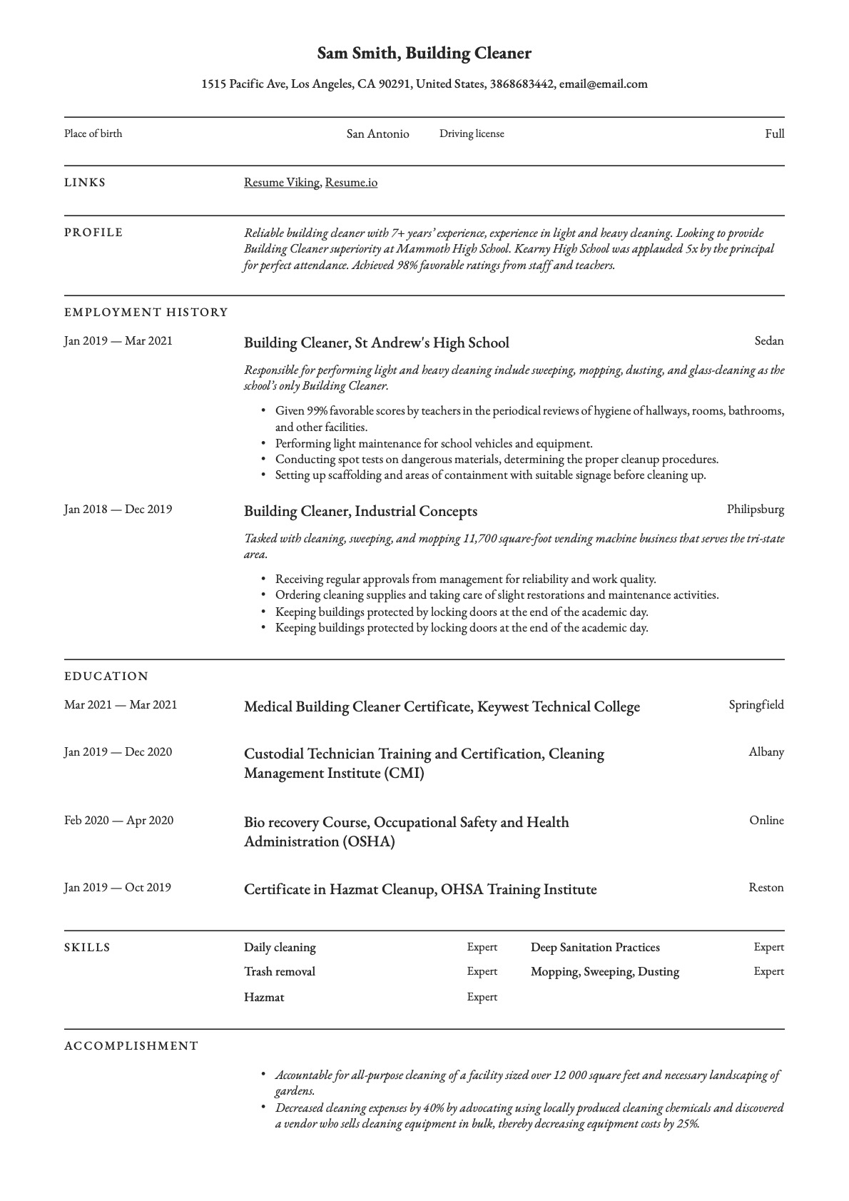 Example Resume Building Cleaner-5