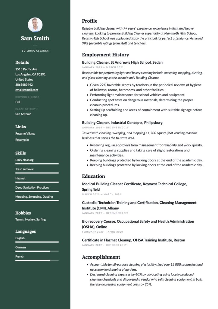 Building Cleaners Green Resume 