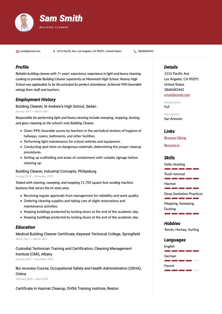 Red Resume Example Building Cleaners 