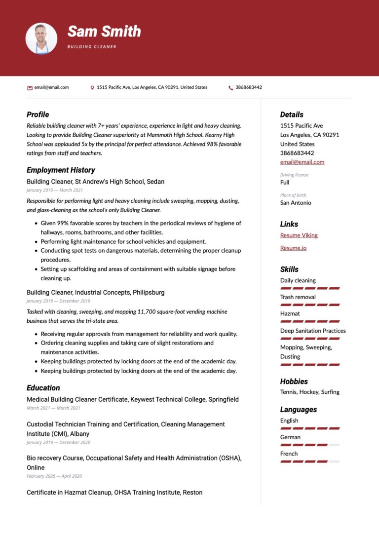 Example Resume Building Cleaner 7