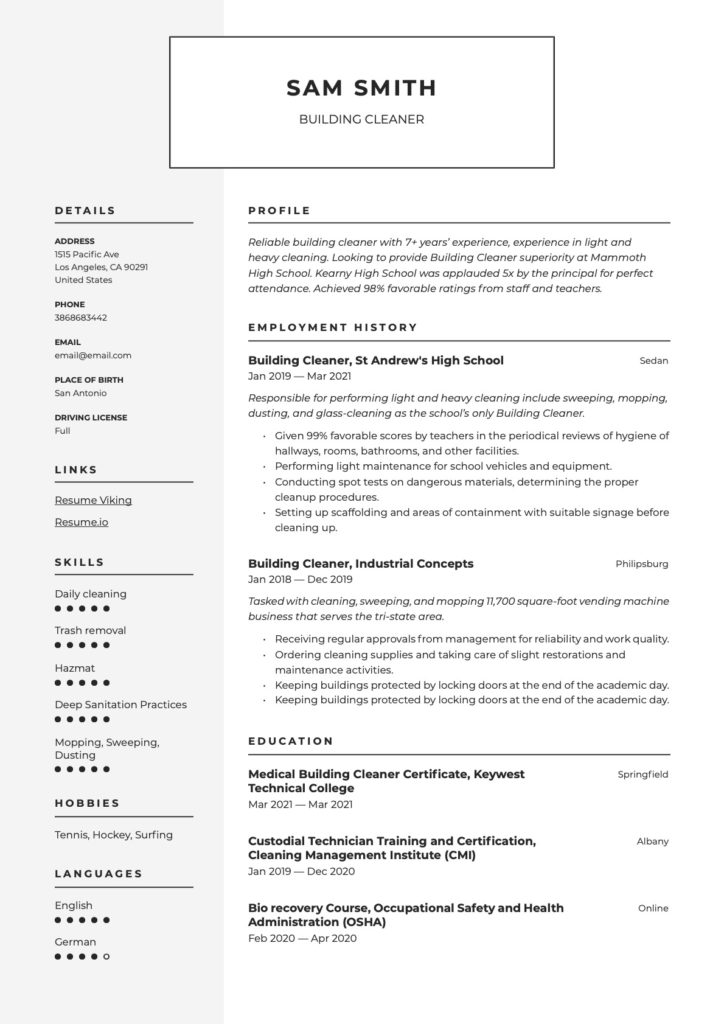 Building Cleaners Classic Resume 