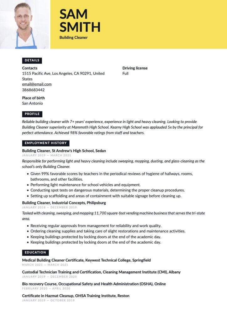 Building Cleaners Yellow Resume Example