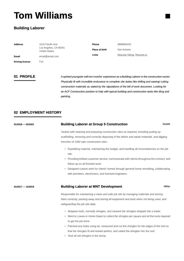 Modern Resume Building Laborer 