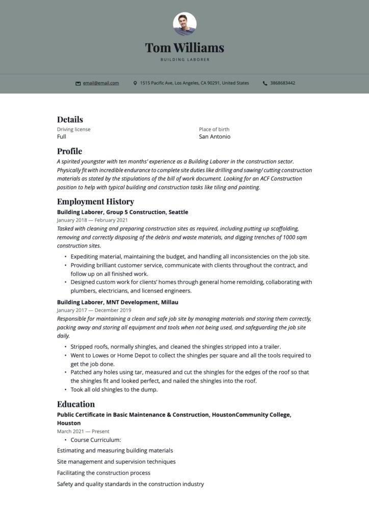 Building Laborer Resume Example