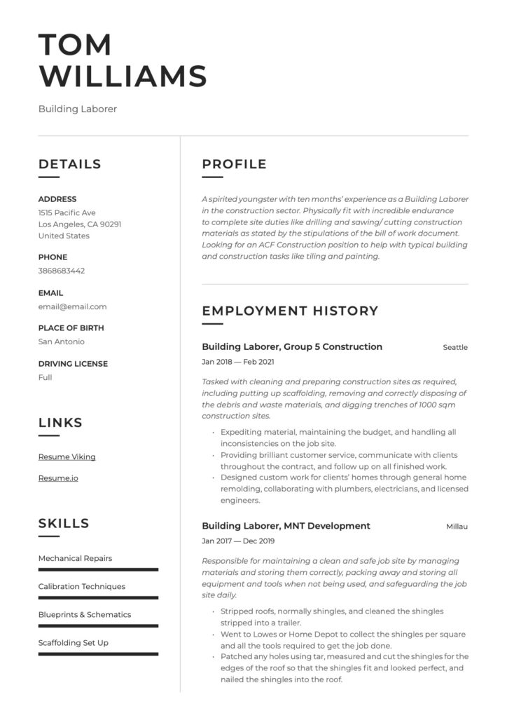 Resume Building Laborer 