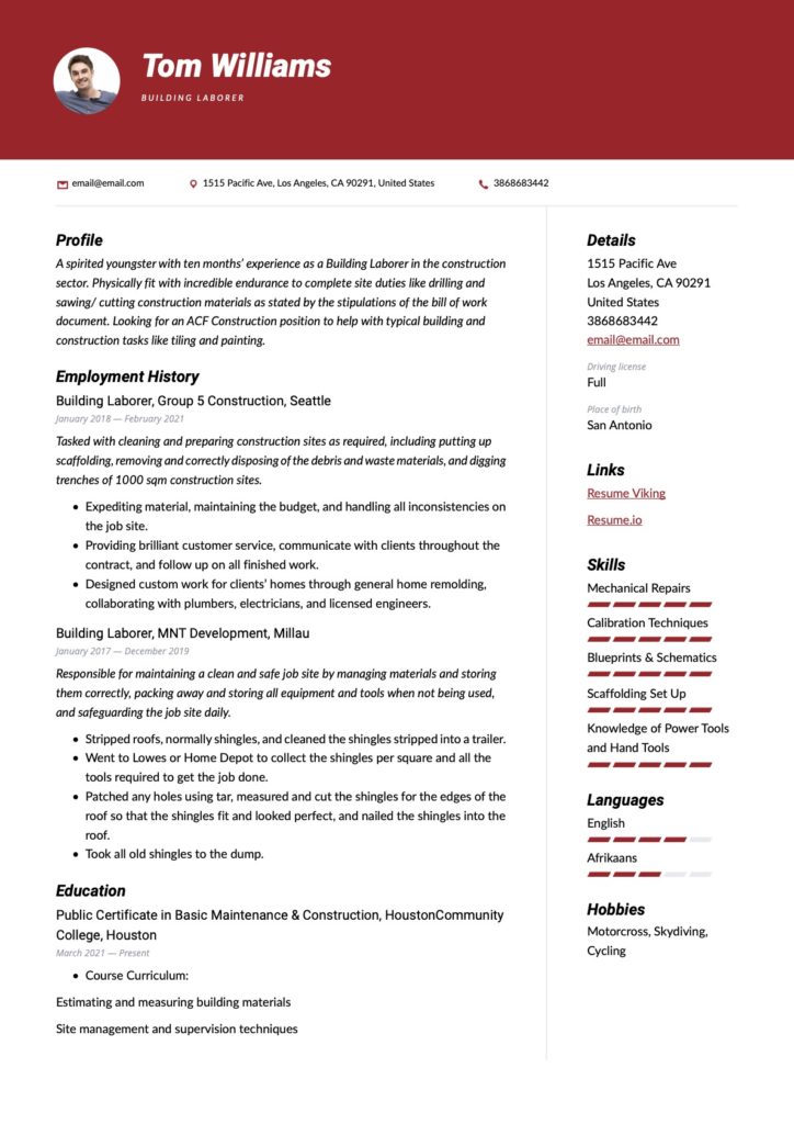 Red Resume Example Building Laborer