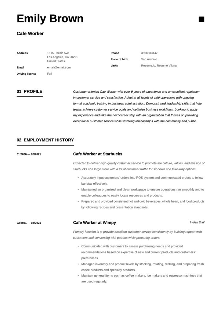 Classic Cafe Worker Resume