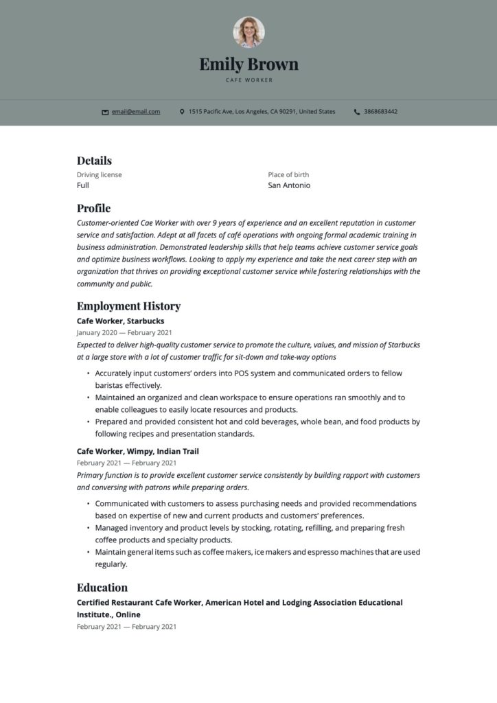 Cafe Worker Template Resume